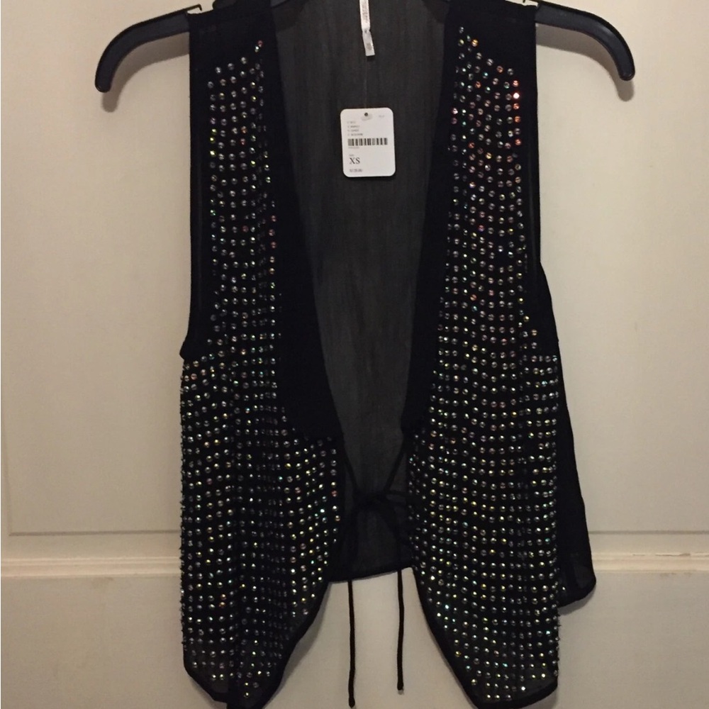 FREE PEOPLE Black Sheer Sequin Studded Vest Front Tie Drape Oversized XS NWT